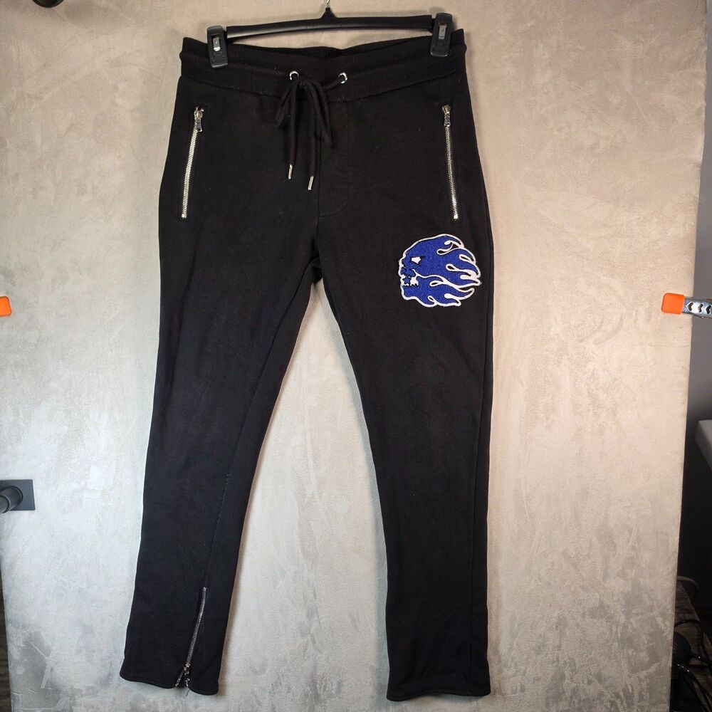Rockstar Original Men's Size M Black Streetwear Joggers Blue Flame Skull Patch